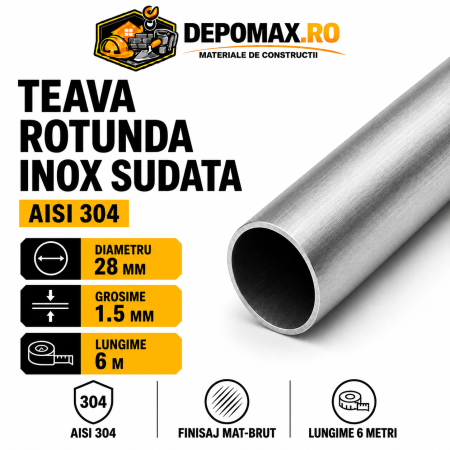 Teava rotunda inox sudata AISI 304, 28 x 1.5 mm, 6 metri